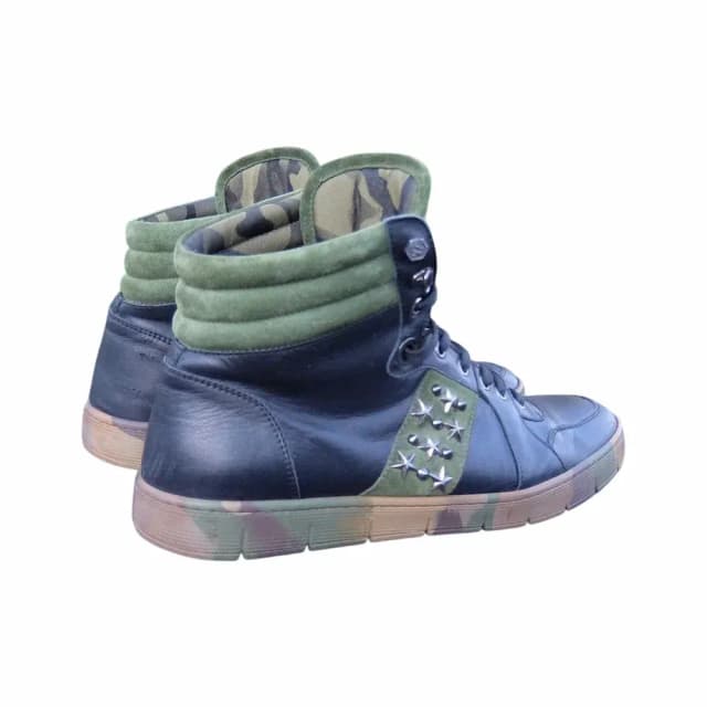 Philipp Plein Black Leather Studded High-Top Camo Sneakers