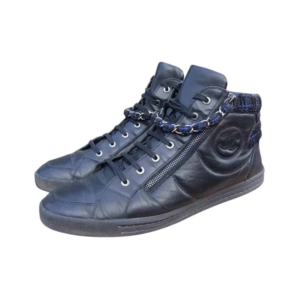 Chanel Black Leather and Tweed High Top Sneakers