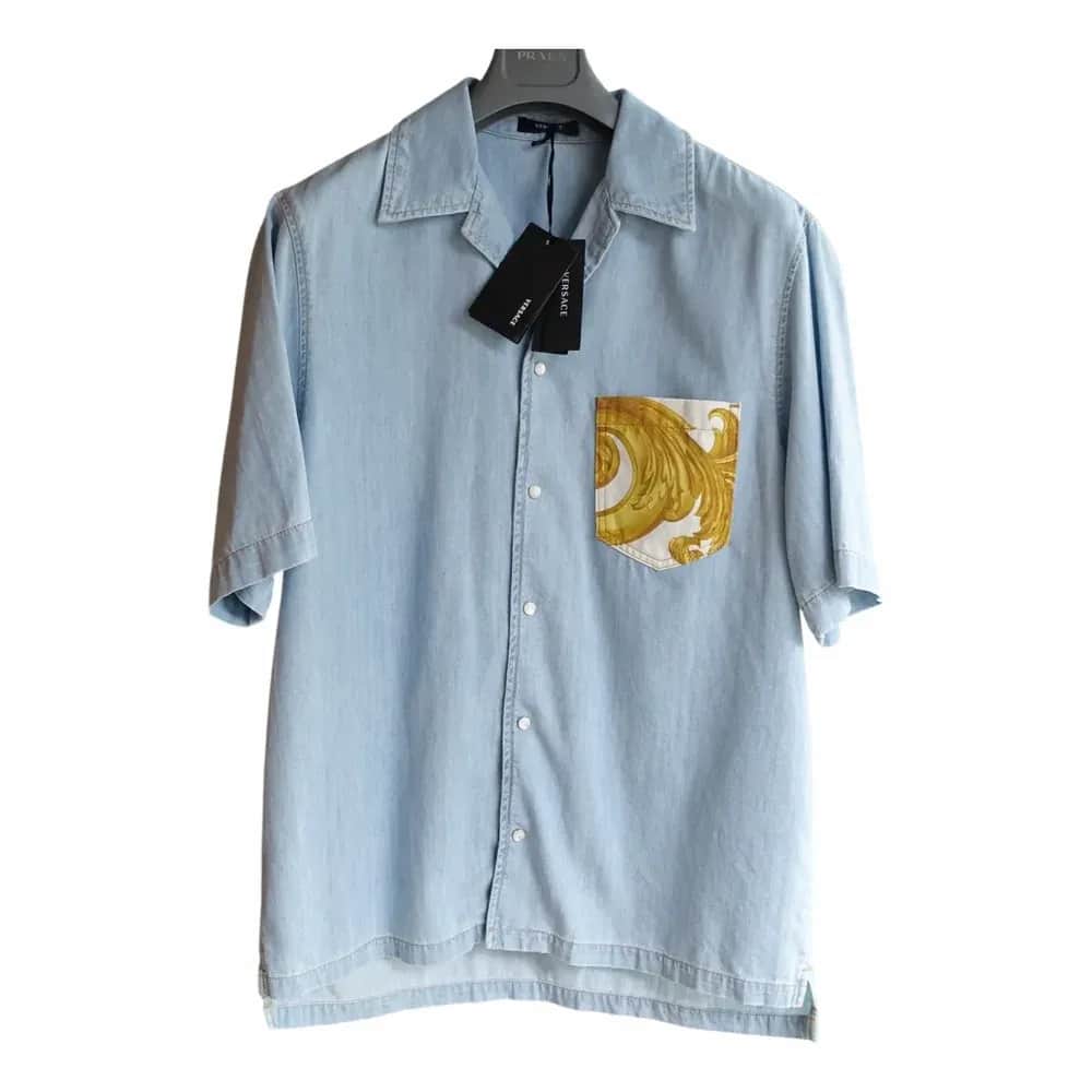 Versace Short-Sleeved Denim Shirt with Printed Pocket