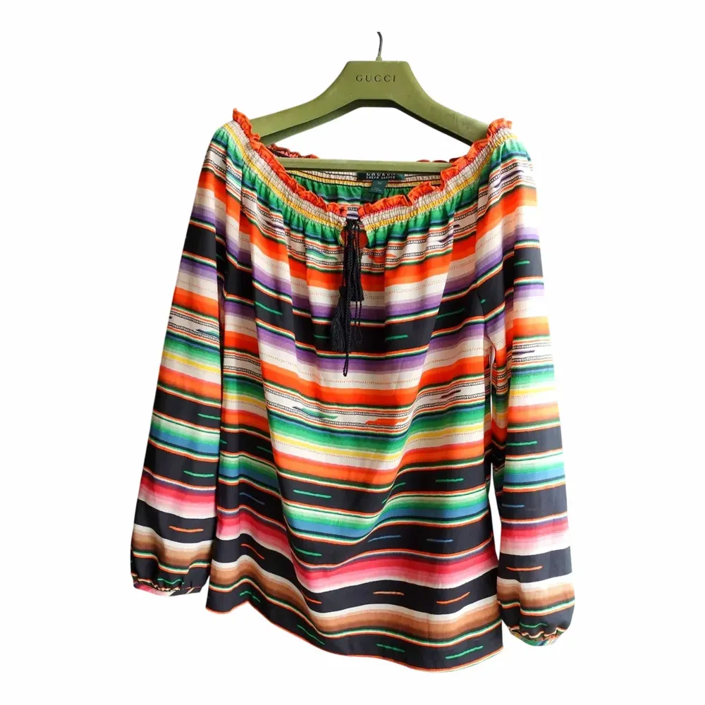 Ralph Lauren Serape Stripe Woven Tassel Tie Blouse