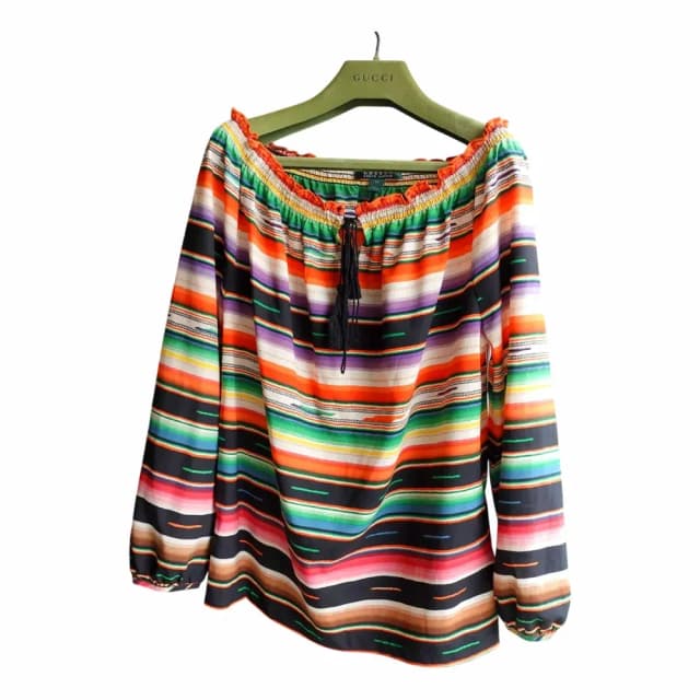 Ralph Lauren Serape Stripe Woven Tassel Tie Blouse