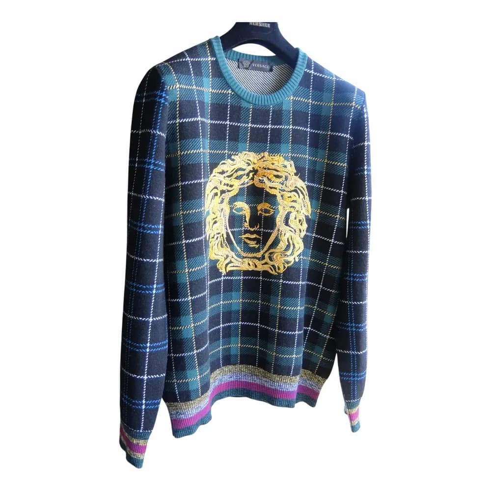 Versace Logo-Embroidered Tartan Wool Sweater