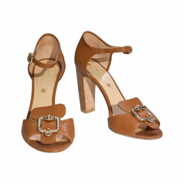 Celine Leather Peep Toe Block Heel Sandals