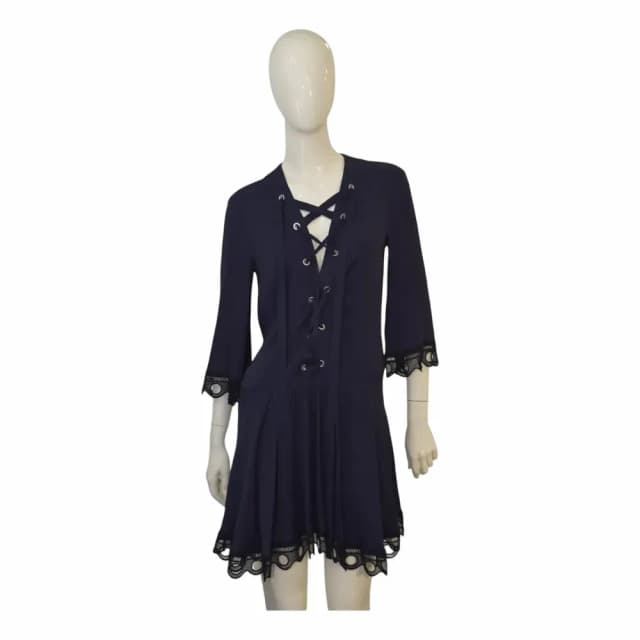 Dondup Criss Cross Tie Front Lace Hem Pleated Mini Dress