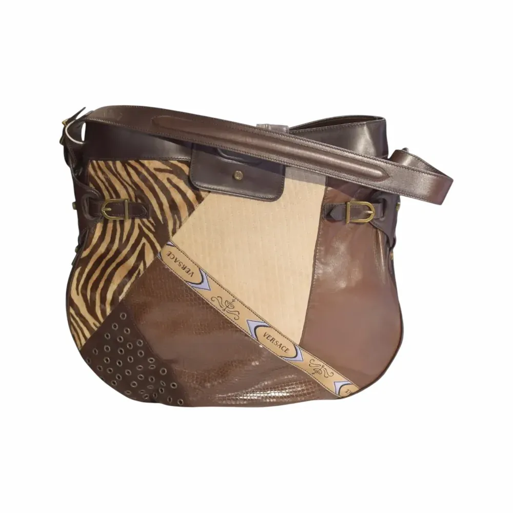 Versace Patchwork Leather Pony Hair Animal Print Shoulder Bag