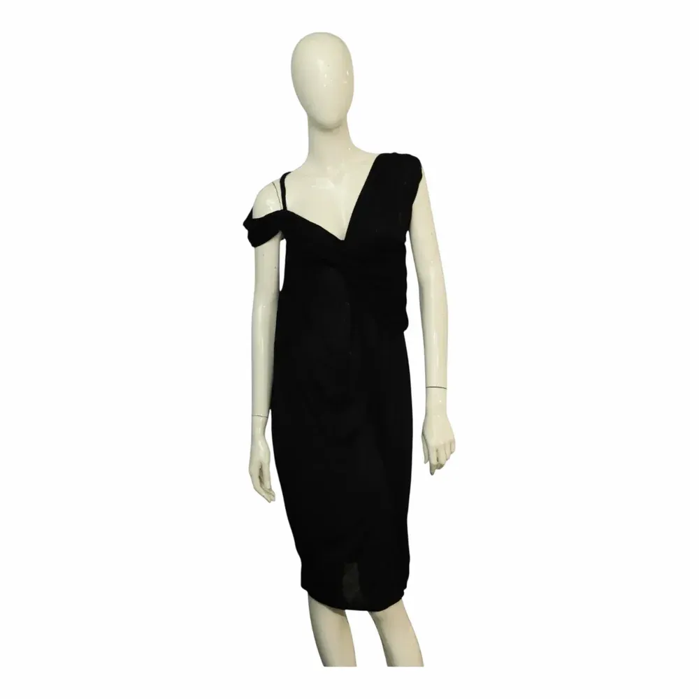 Lanvin Black Viscose Asymmetric Shoulder Draped Knee Dress