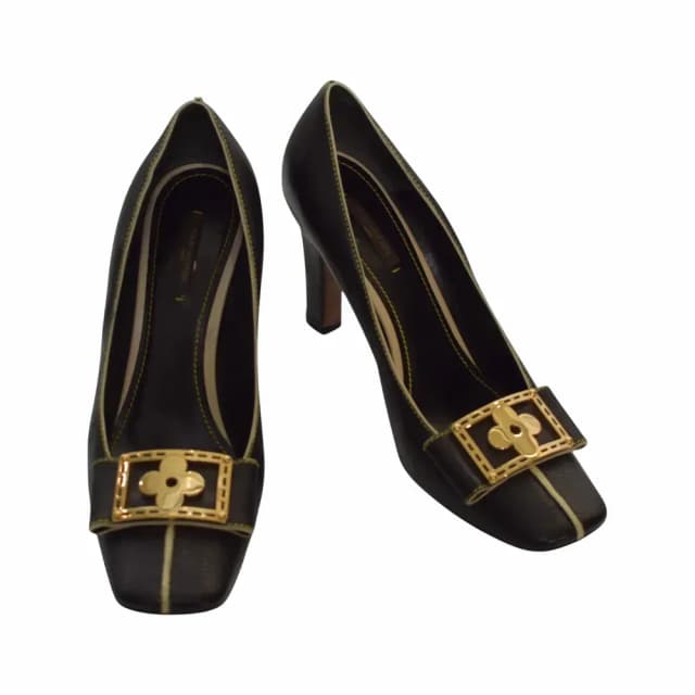 Louis Vuitton Black Leather Gold Flower Buckled Square Toe Pumps