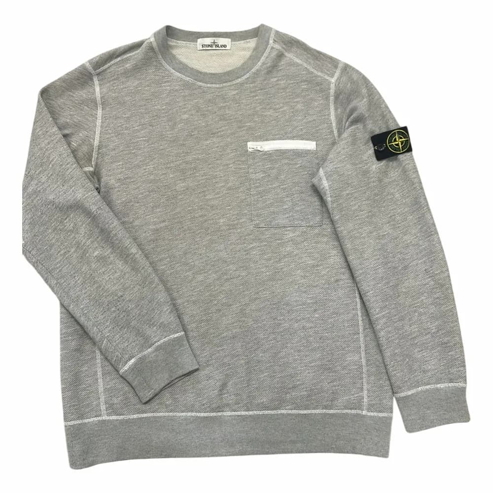 Stone Island Grey Contrast Stitching Chest Pocket Crewneck